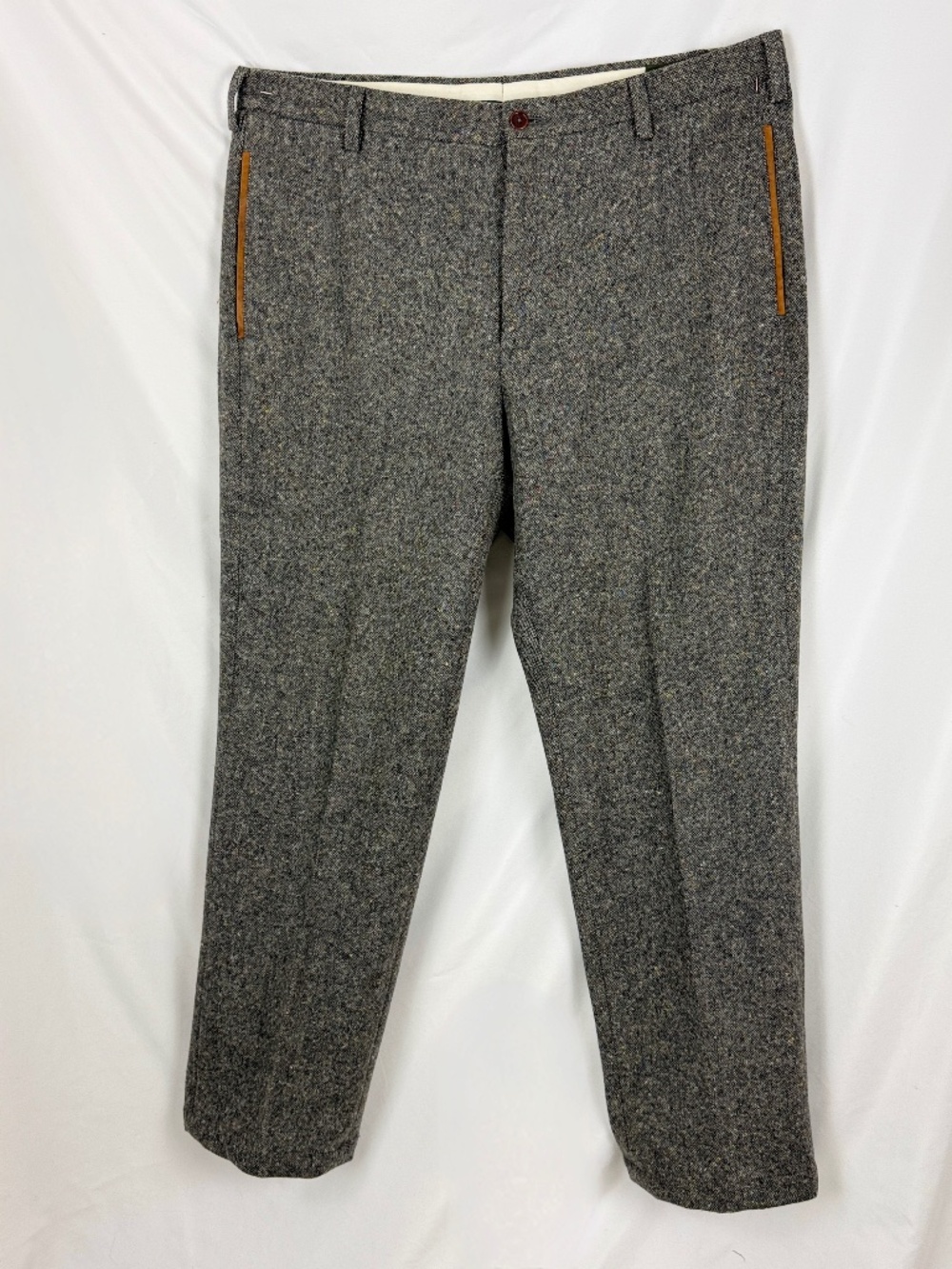 NWOT Orvis Mens 100% Wool Pants 38X32 Gray Tweed Leather Trimmed Pockets